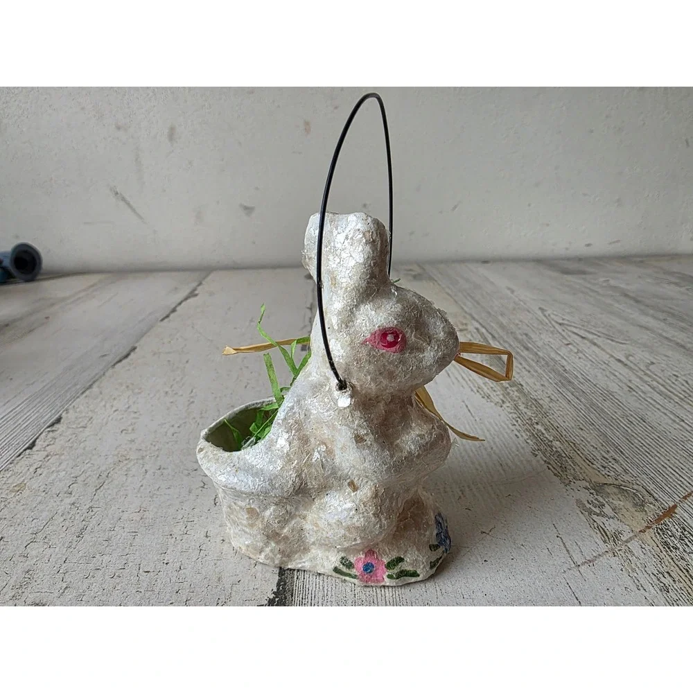 Vintage paper mache bunny rabbit Easter basket mini paper decor spring